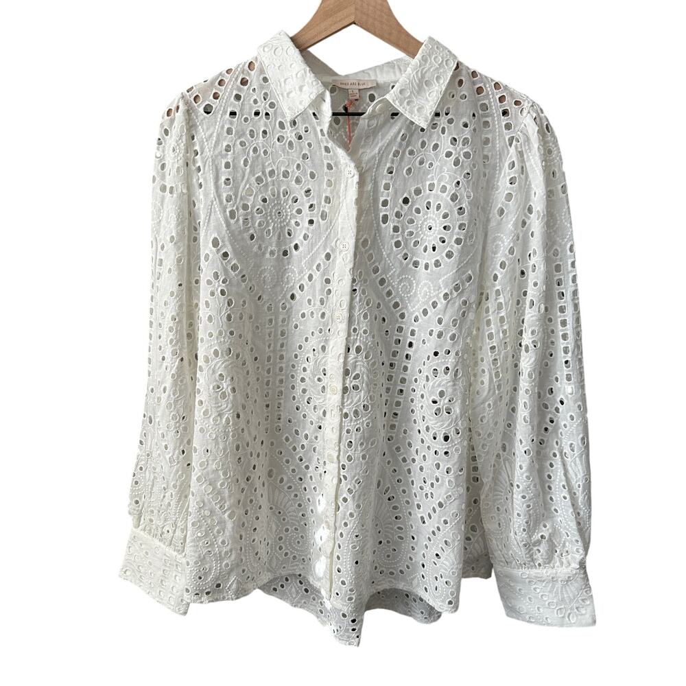 Skies are Blue White Eyelet Long Sleeve Button Down Large NWT Cotton